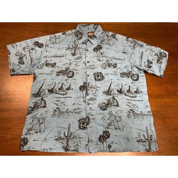 Harley Davidson All Over Print Button Down Men 2XL Route 66 Biker Motorcycle - Picture 1 of 11